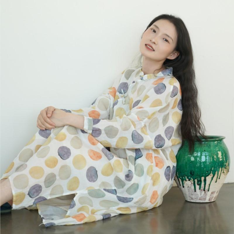 Johnature Women Vintage Polka Dot Dresses Stand Long Sleeve Summer Loose High Quality A-Line Dresses