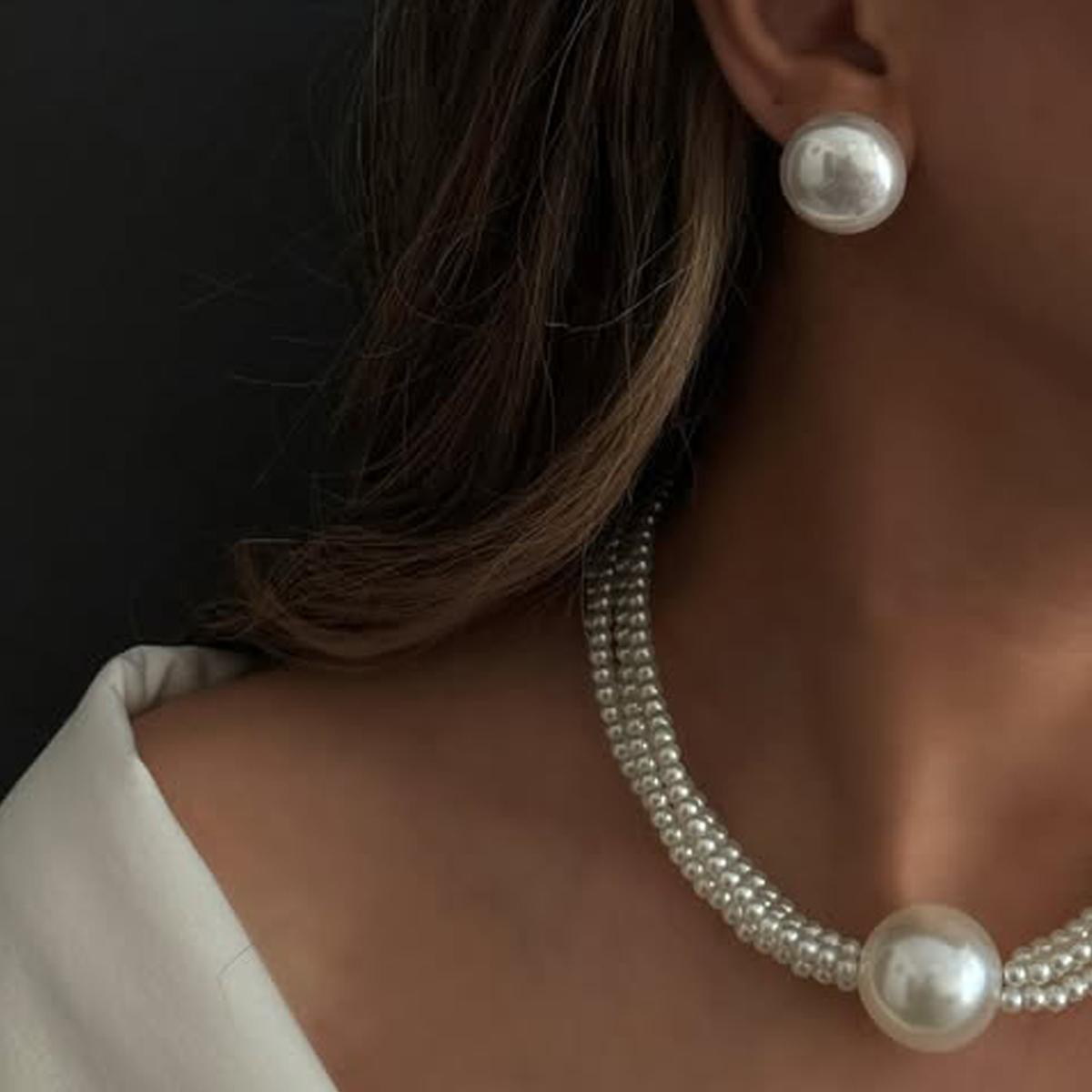 

3 шт. Ретро Многослойные Крупные Ожерелья Серьги с Имитацией Циркона для Женщин Белого Цвета Набор Ожерелий и Серёг с Цирконом