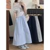 Plus Size Korean A-line Solid Color Mid-length Skirt - Spring/Summer Casual Style with Drawstring and Spliced Design