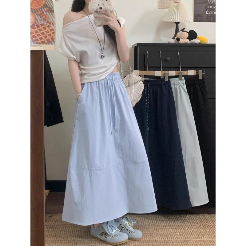 Plus Size Korean A-line Solid Color Mid-length Skirt - Spring/Summer Casual Style with Drawstring and Spliced Design