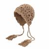 Casual Hollowed-out Flower Bonnet Hat Hand Woven Long Tassel Knitted Ear Protection Hat Windproof Pullover Hat