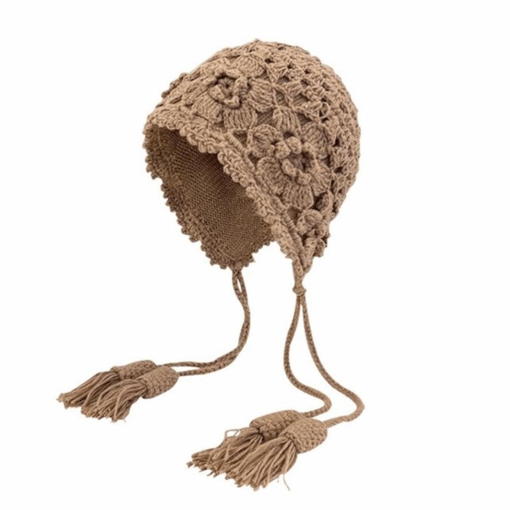 Casual Hollowed-out Flower Bonnet Hat Hand Woven Long Tassel Knitted Ear Protection Hat Windproof Pullover Hat