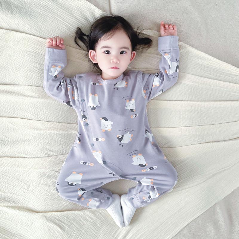Autumn Pure Cotton Tagless Newborn Bodysuit with Double Layer Belly Protection and Long Sleeves - Baby Pajamas & Home Wear.