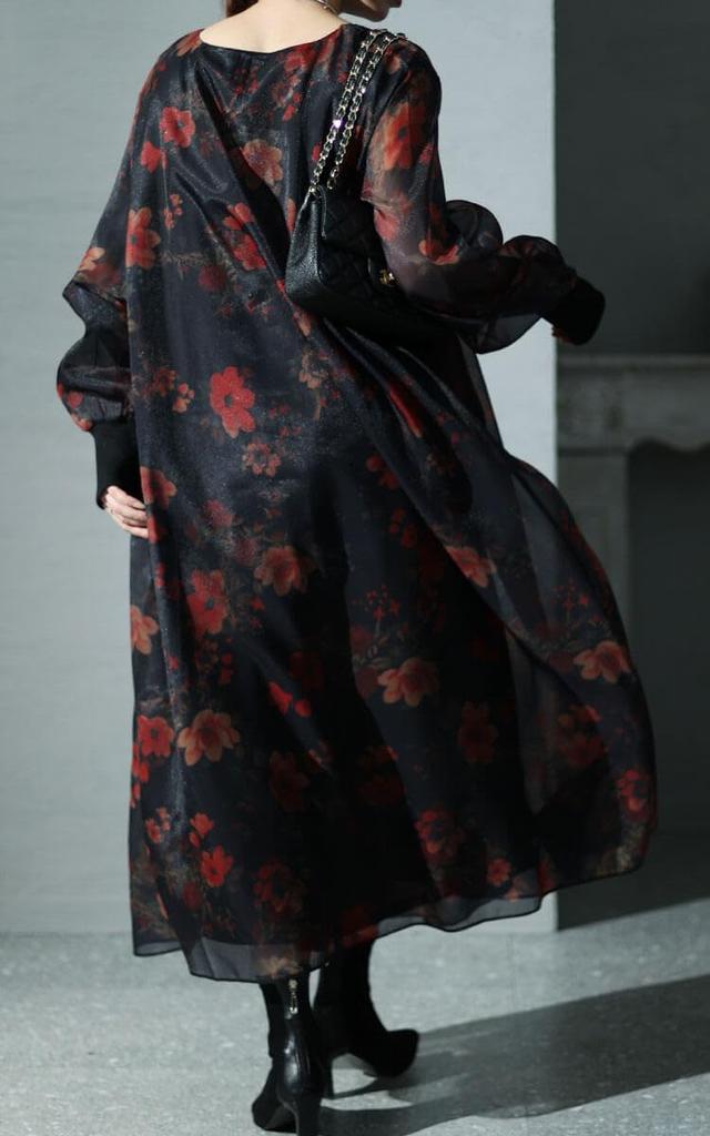 Guldfärgad Japan Plus Size Lång Fyrkantig Blommig Damklänning, Ärmar, Halsringning, Mönster, Organza, Utsvängd, Fodrad, Höst/Vinter, Vår, 4L-5L, Svart, nw-23038