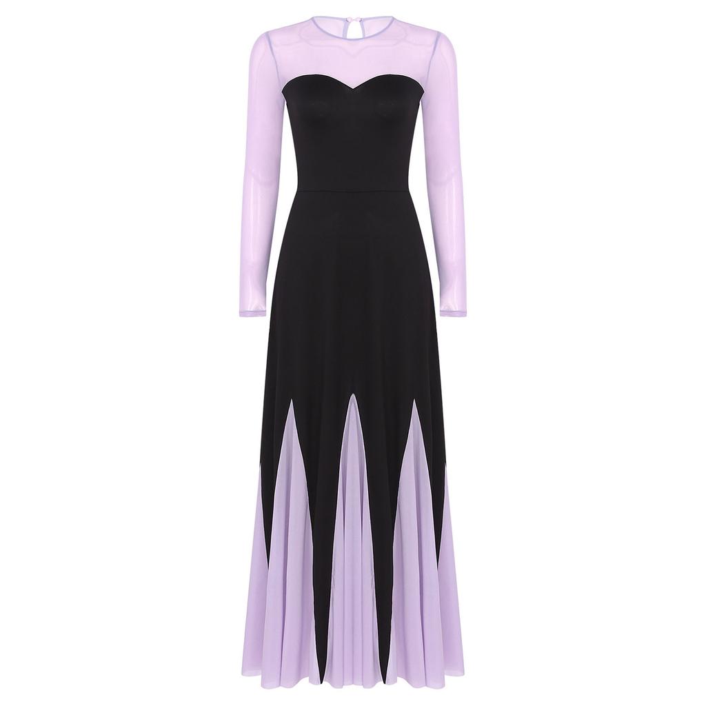 Maxi Abito da Donna Scollo a Cuore Manica Lunga Patchwork Orlo a Sirena