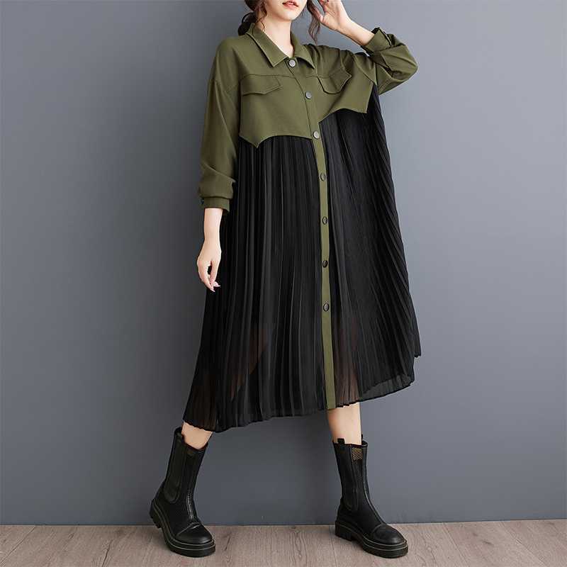 Niche Long Sleeve Loose Patchwork Pleated Dress