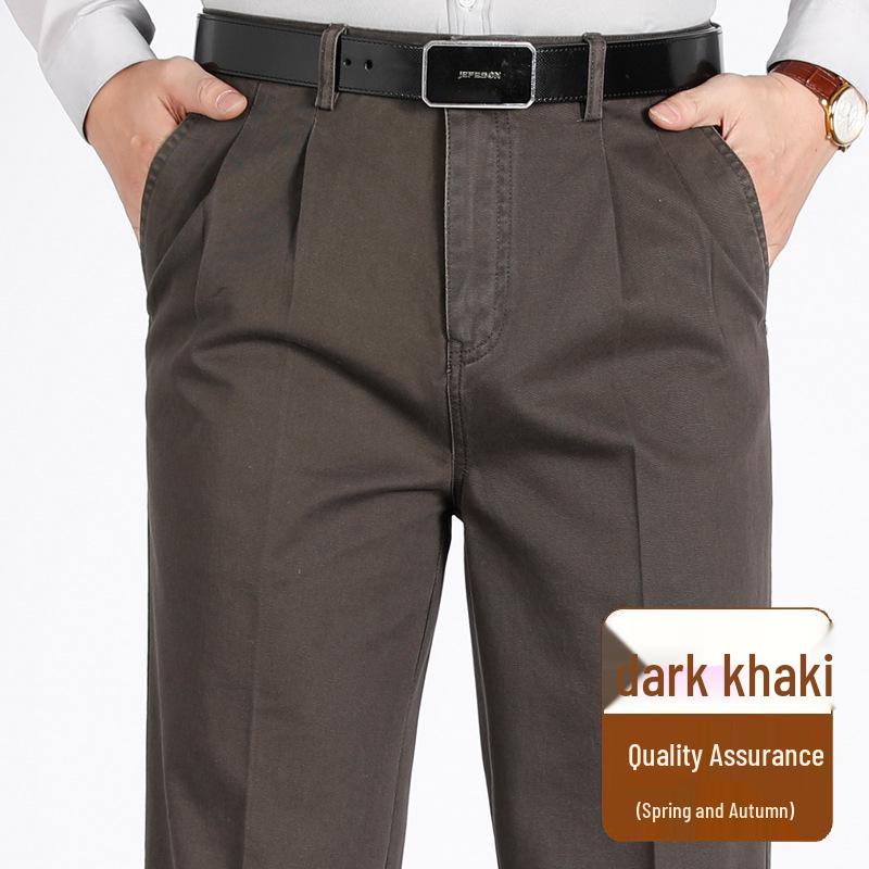 Men's Pure Cotton Double-Pleat Casual Pants - High Waist, Wide Leg, Non-Iron, Summer-Weight for Middle-Aged and Elderly.