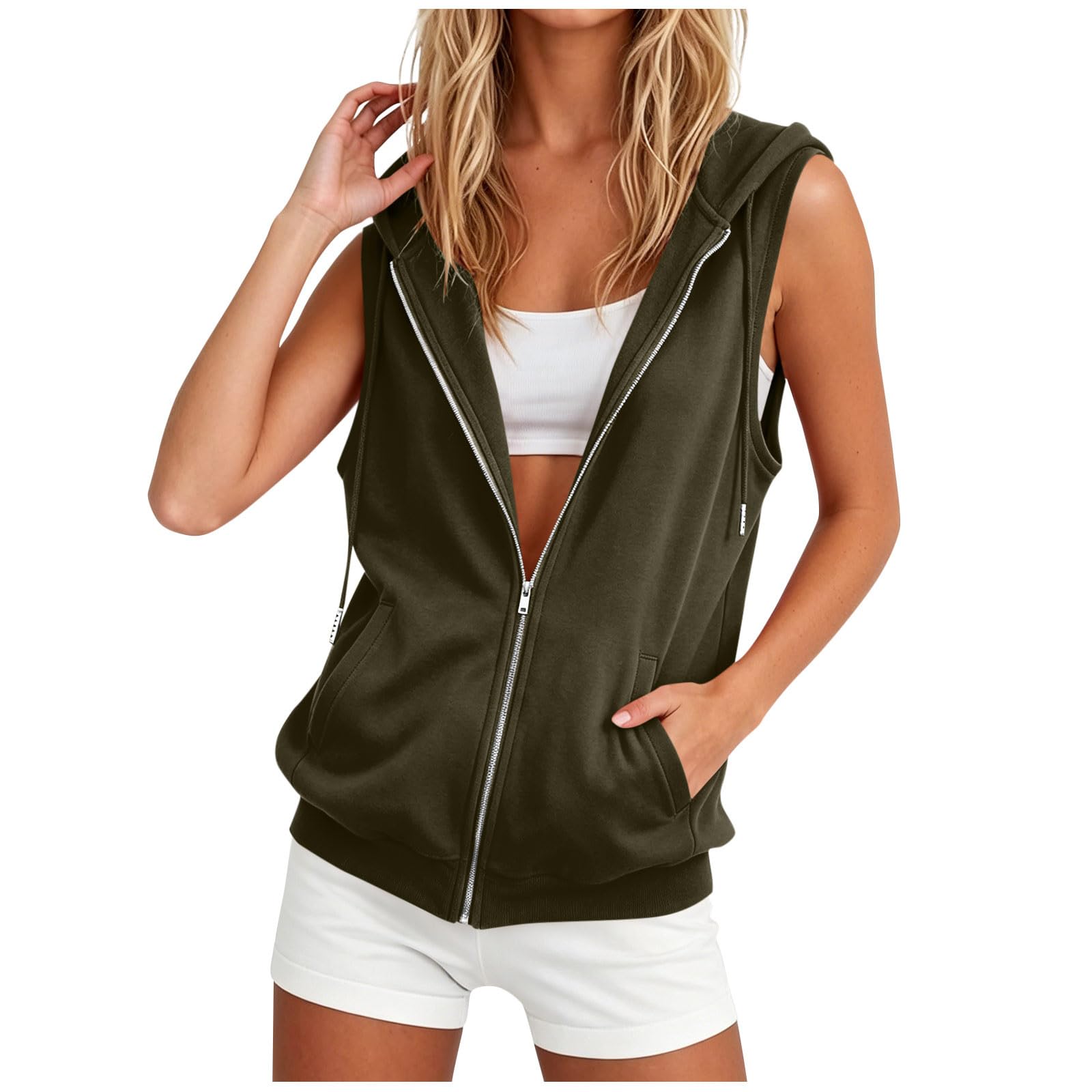 Women s Hooded Sleeveless Jacket - Casual Zipper Front with Pockets S