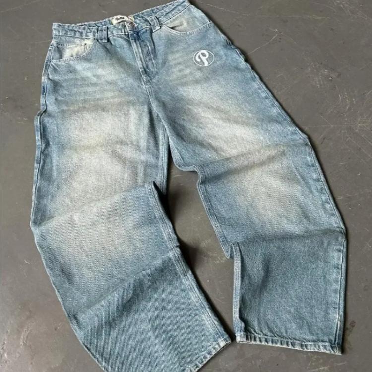 

Вуличні джинси Y2K Чоловічі штани Harajuku Hip Hop Letter Embroidery Vintage Blue Baggy Jeans High Waist Wide Leg Trouser XL