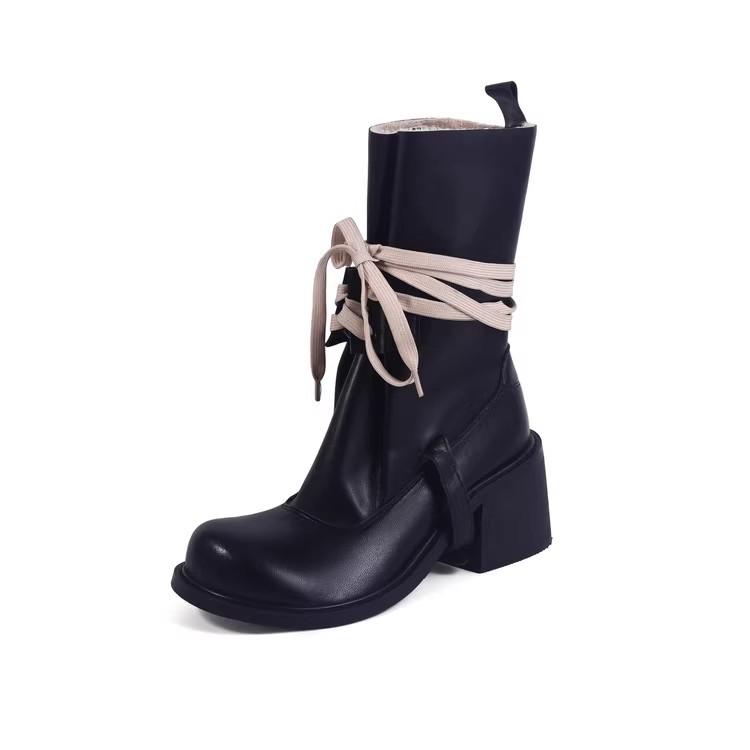 High Quality Women's Boots Round Head 6cm Retro Style Lace-up Thick Heel Short Boots Fashion Belt Buckle Ankle Boots Botas Mujer