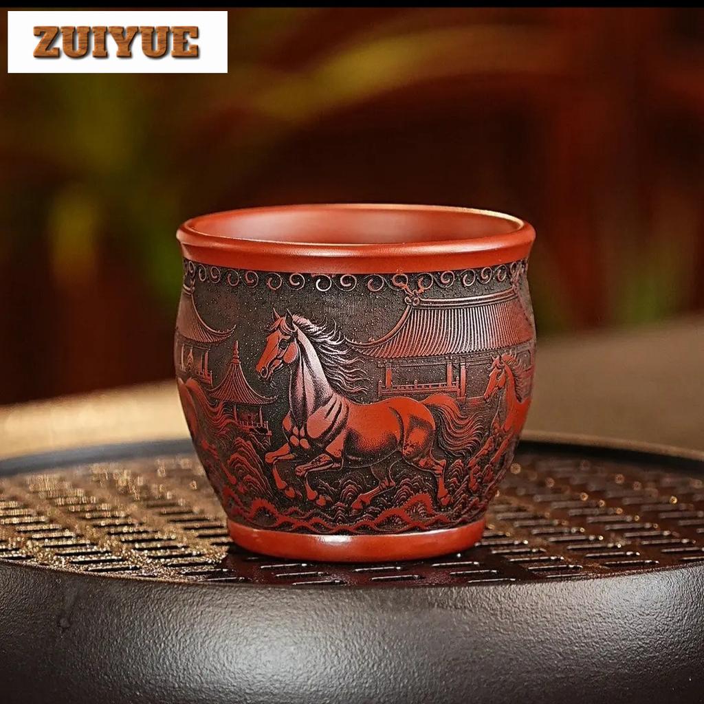180ml Yixing Purple Clay Relief Eight Horses Zodiacs Teacup Vintage Tea Bowl Mug Tea-tasting Personal Cup Jianzhan Master Cups