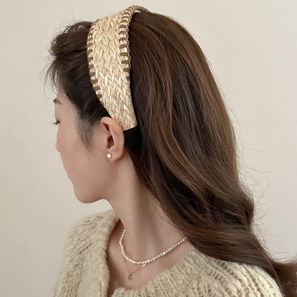 Fascia Wide Edge in Paglia Intrecciata Fascia per Capelli in Erba Raffia Bohemia Intrecciata Stile Vacanza Stile Coreano Stile Bohémien Cerchietto per Capelli Bambini