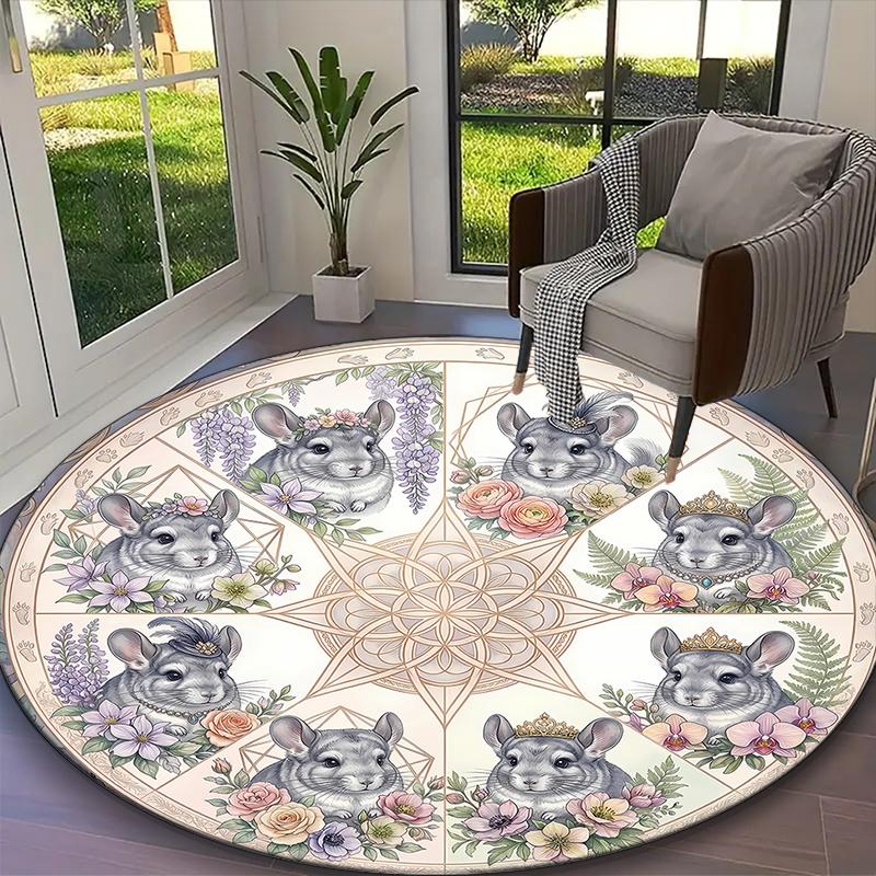 1pc Cream Floral Rabbits Rug, Digital Printed Home Chair Sofa Mat, Durable Office Round Carpet, Beautiful Festival Decorations