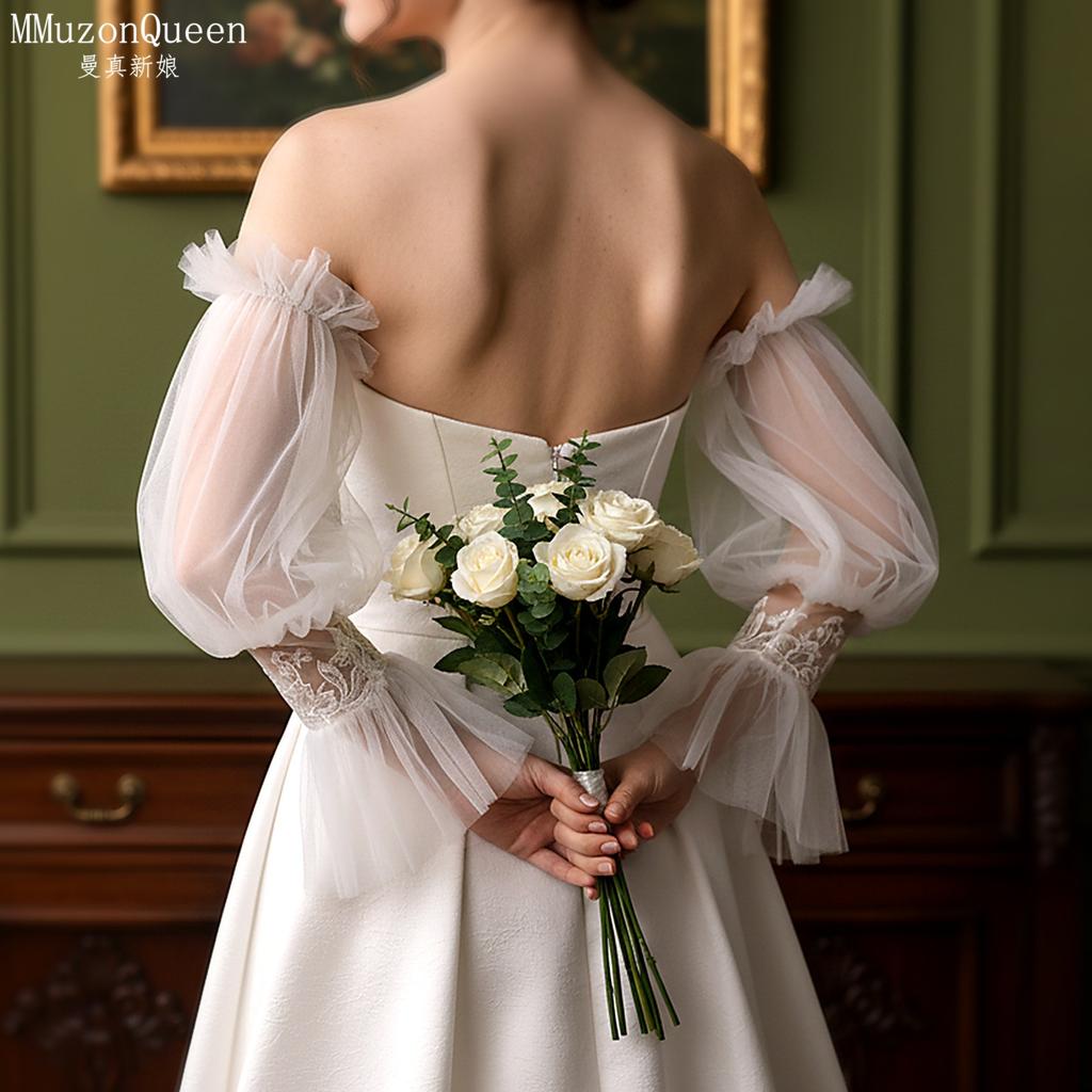 Detachable Off Shoulder Tulle Puff Arm Cuffs, Floral Lace Flared Wrist Mesh Sleeve Covers For Bridal Wedding Strapless Gown Photoshoot