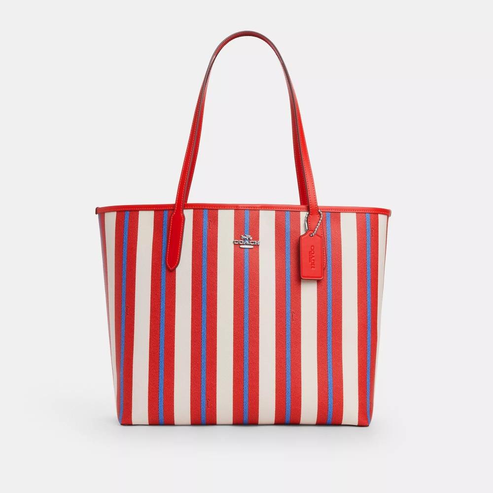 

Coach City Tote Bag With Stripe Print silver chalk multi
