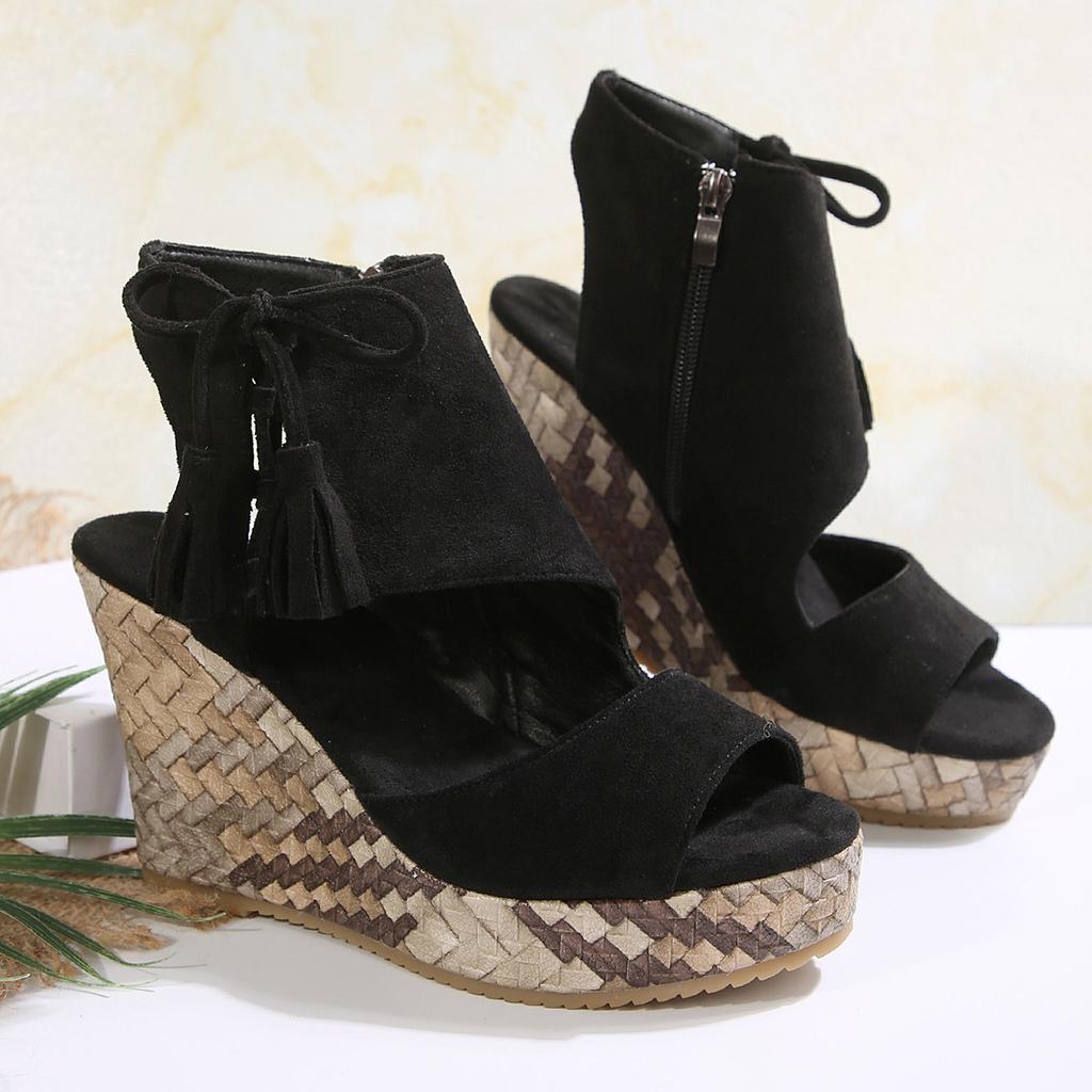 Large size European and American wedge heel sandals 22 spring and summer fringed high heel fish mouth thick sole muffin sole shoes