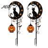 Spooky Bat Garden Decorations Halloween Solar Stake Light, Metal Black Cat & Pumpkin Moon Waterproof Festive Trick-or-treat Yard Accents for