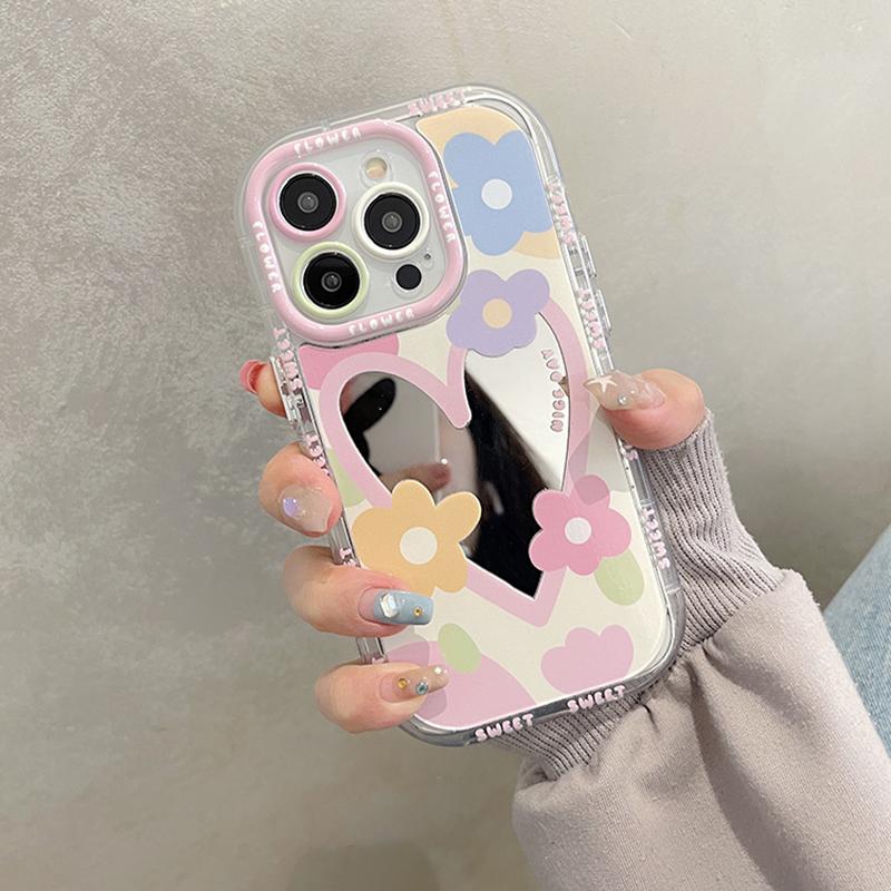 Korean Sweet Love Heart Flowers Mirror Phone Case For iPhone 13 12 14 15 16 17 Air Pro Max Lovely Hard Shockproof Back Cover Y2k