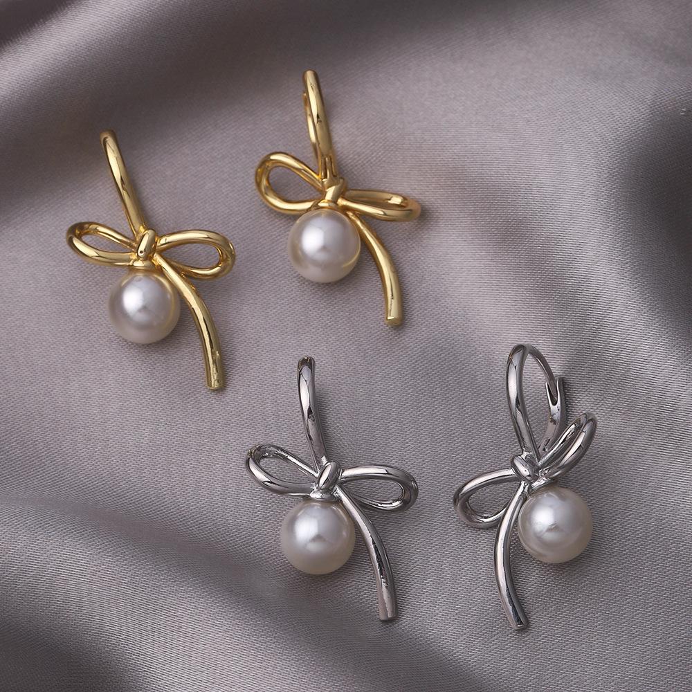 Luxury Asymmetrical Bow Pearl Earrings for Women - Ear Studs, Cuffs & Hoops for Round, Square Faces.
