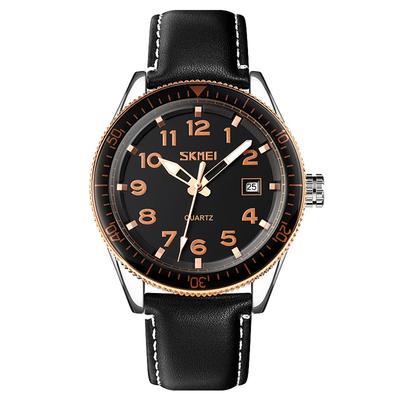 SKMEI Watch Black Leather Strap Big Face Simple Hand Watch Waterproof Brand Analog Business Stylish Casual Luminous Arabic Numerals Date Watch Luxury