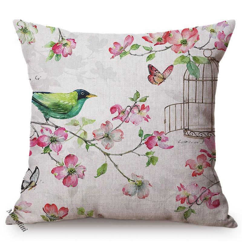 Nordic Water Color Birdcage Birds Sofa Decoration Throw Pillow Case Plum Blossom Garden Cotton Linen Print Cushion Cover Cojines