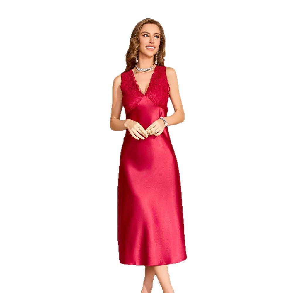 Yaoting Women's Summer Ice Silk Solid Color Spaghetti Strap Nightgown SQ22194