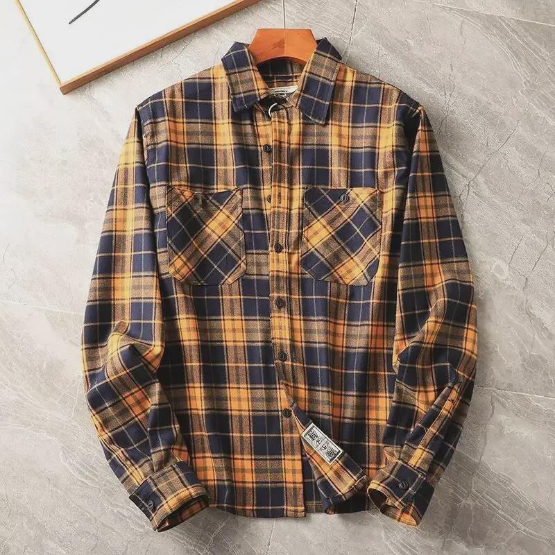 

Men s Heavy Khaki Plaid Retro Workwear Shirt, 300g, Thickened with Double Pockets, Long Sleeves, Trendy & Stylish. L червоний
