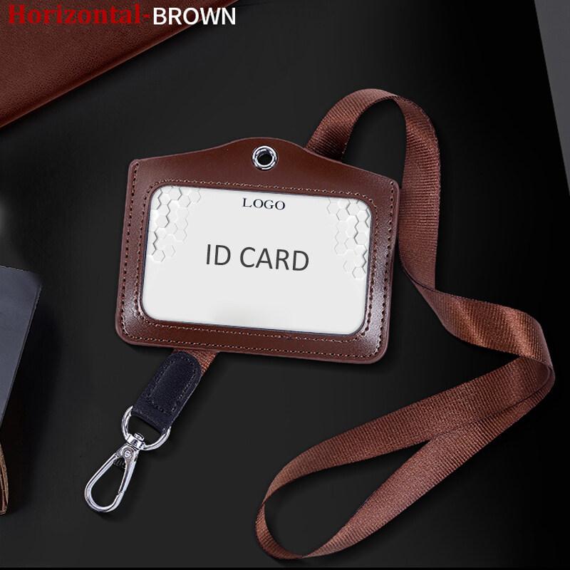 Formal Business ID Badge Holder Durable Real Leather Work Chest Card Pouch with Lanyard Simple Classic Black Stationery