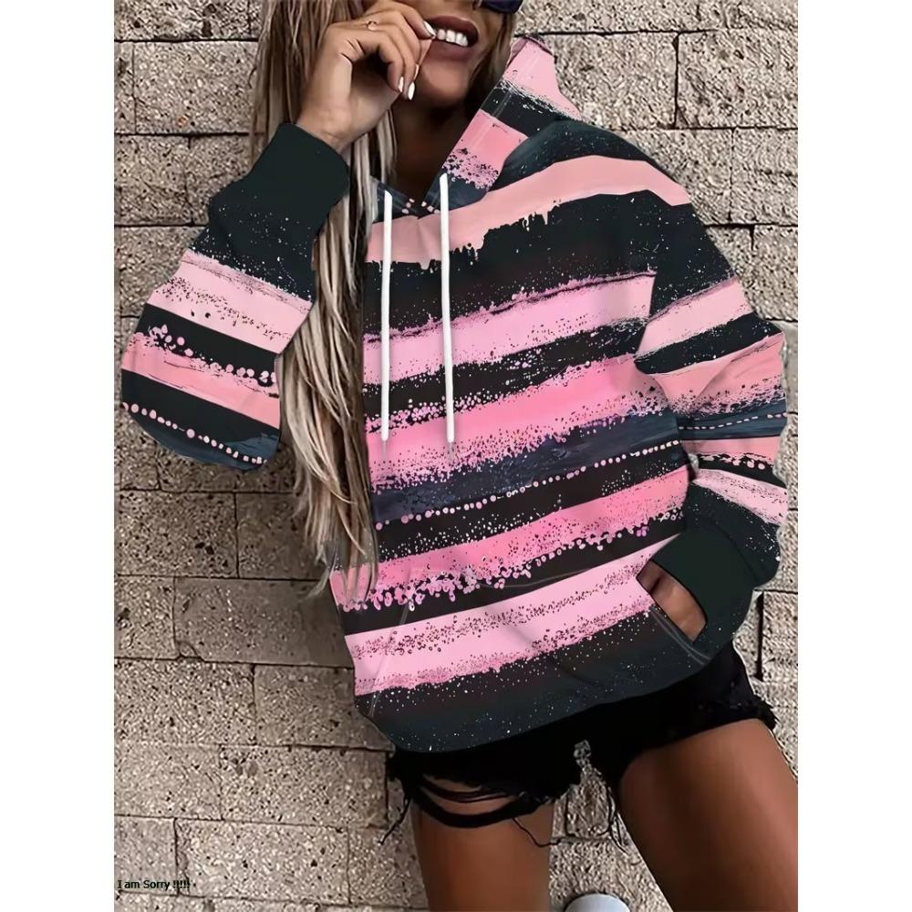 3D Retro Striped Print Casual Pullover Women Long Sleeve Kangaroo Pocket Drawstring Hooded Sweatshirt Personalized Women Hoodie