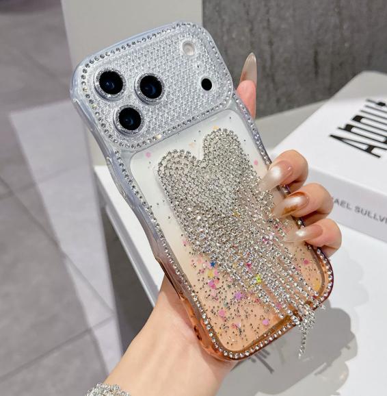 New Fashion Dropped Diamond Shining Phone Case with Love Tassel for iPhone 17pro Max TPU Phone Case
