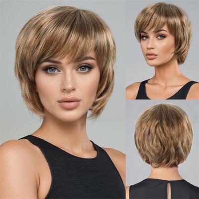 Braune Perücken für Damen Damen Synthetische Kurze Pixie-Schnitt Perücke mit Pony Klebefrei Gestuftes Haar Natürliche Wellige Perücke Täglicher Cosplay-Gebrauch