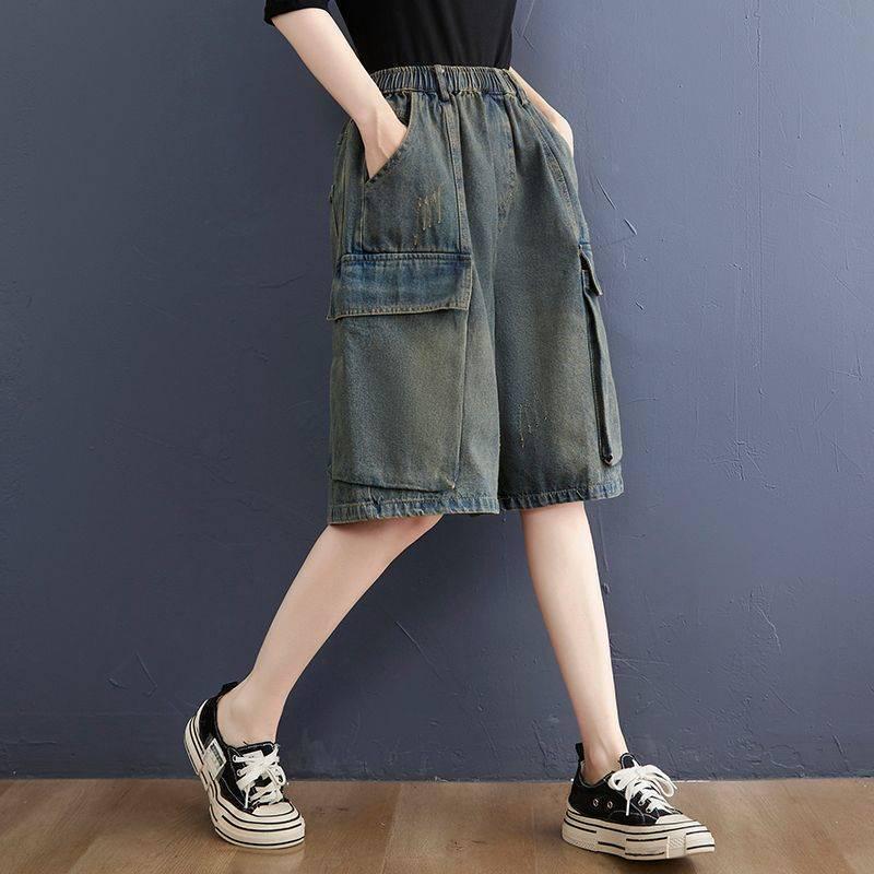 Plus-Size Women's High-Waist Retro Denim Shorts - Distressed, Washed, Wide-Leg, Five-Point, Versatile Summer Wear
