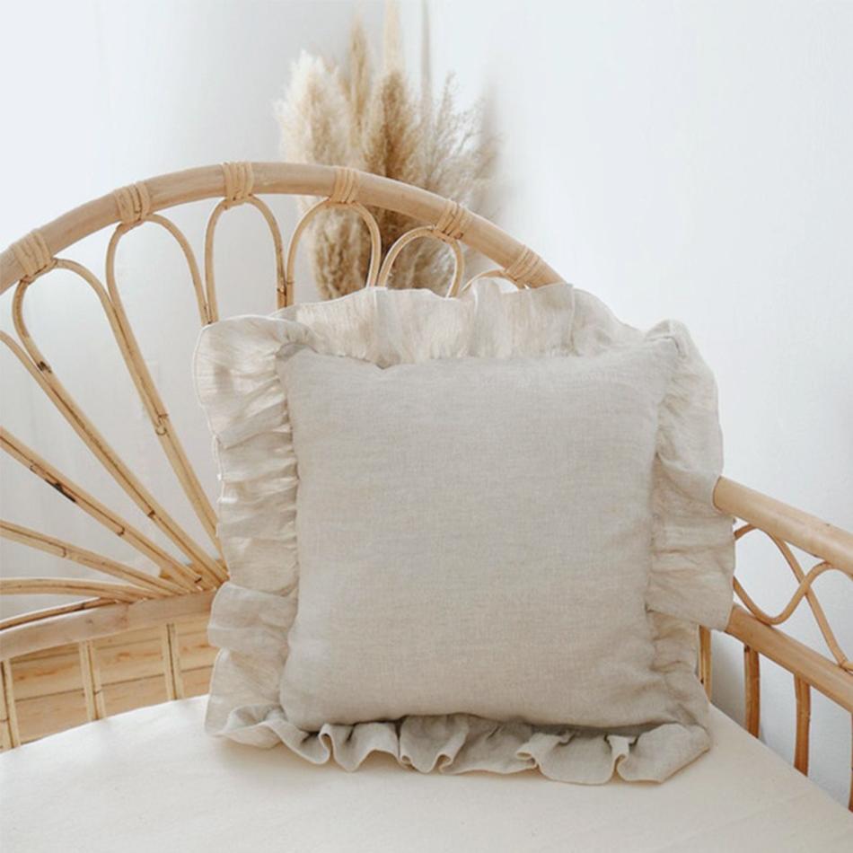 Taies d'oreiller à volants 100% lin, Housse de coussin douce et confortable, Oreillers de canapé Décoration de maison Ornement de canapé de salon