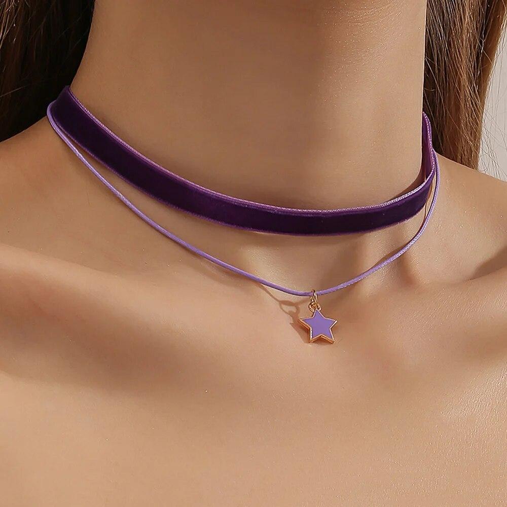 Vintage Gothic Doppel Schicht Samt Halsband frauen Hals Kette Punk Schmuck Kurze Schwarze Stern Anhänger Halskette Collares Para Mujer