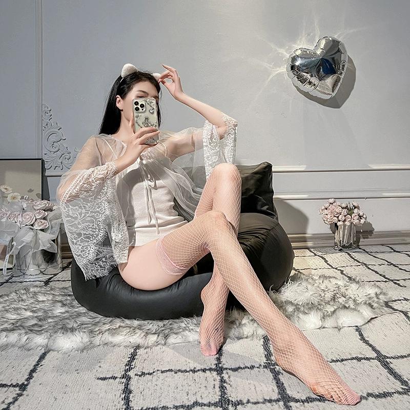 Black Silk Open Crotch Fishnet Stockings, Plus Size Garter, Sexy Bed Flirting Stockings