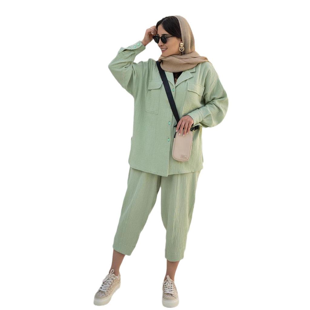 2025 Autumn Women's Two-Piece Set: Loose Solid Color Lapel Shirt & Nine-Point Trousers