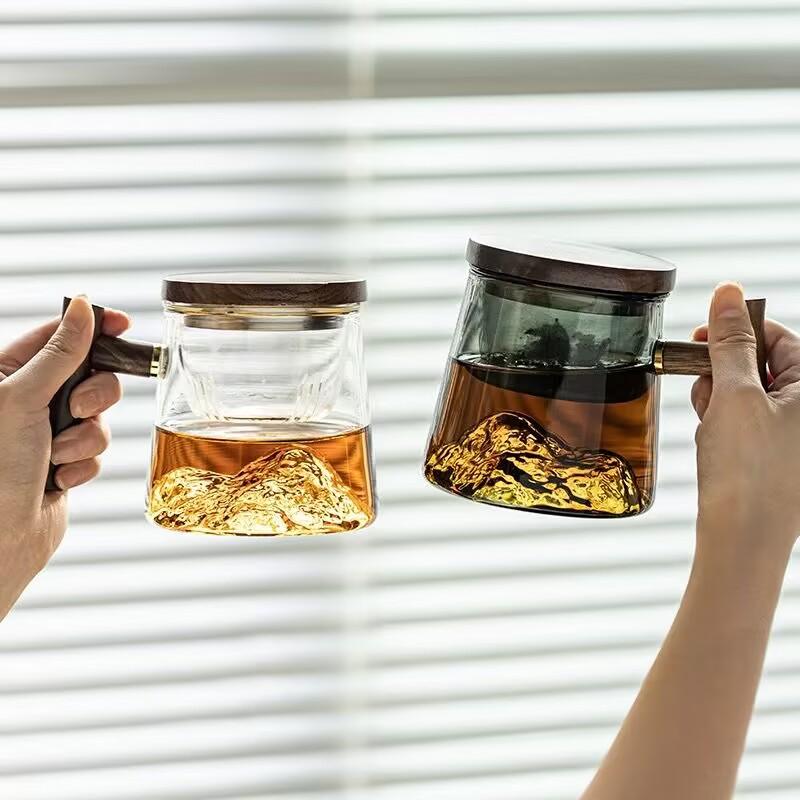400ml Glass Tea Mug With Wood Handle Chinese Heat Resistant Puer Tea Water Separation Cups Kung Fu Tea Cup Set