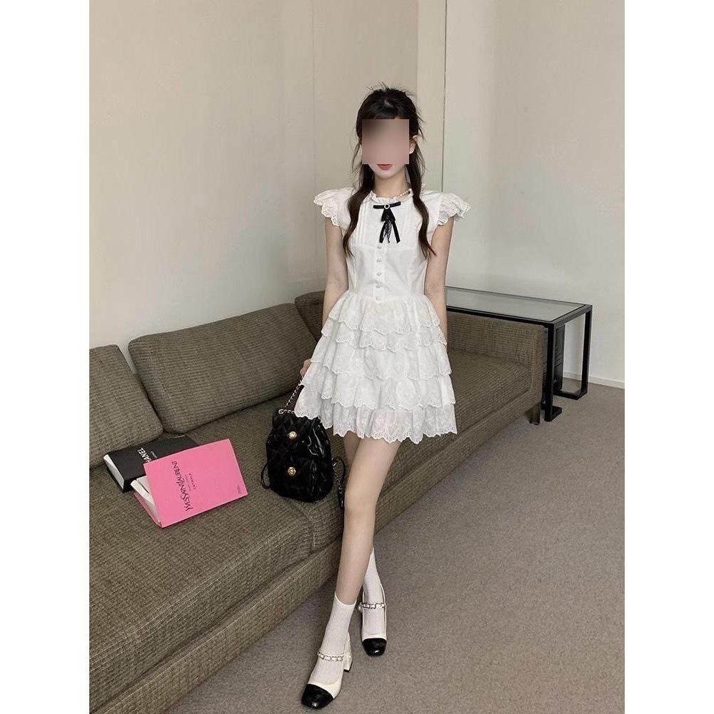 Small People Slim and Sweet White Puffy Short Skirts Bow Small Flying Sleeves Cake Dress Women Summer