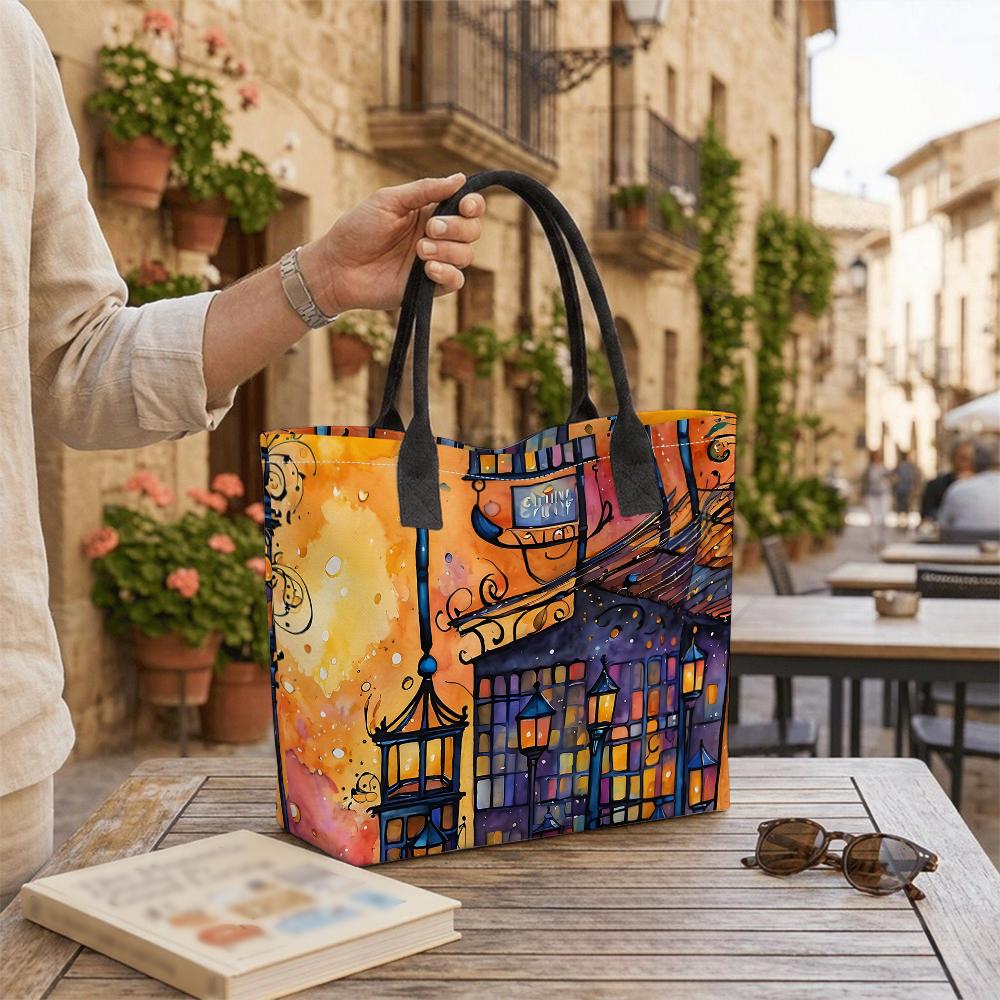 Fashion Watercolor City Print Tote Bag Casual Large Capacity Daily Carry Handbag