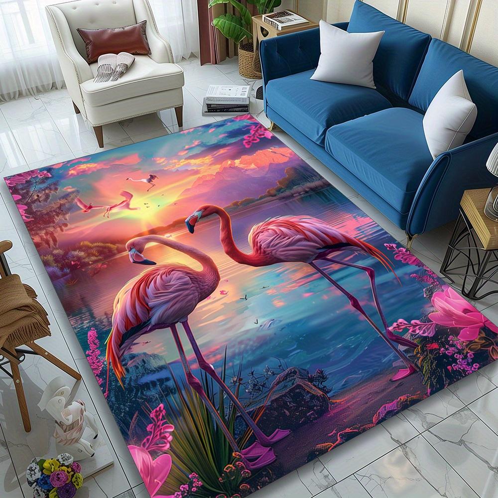 Flamingo Sunset Scene Area Rug - Polyester Soft Crystal Velvet Carpet, Large Size for Living Room, Bedroom, Dining Area, Heavy