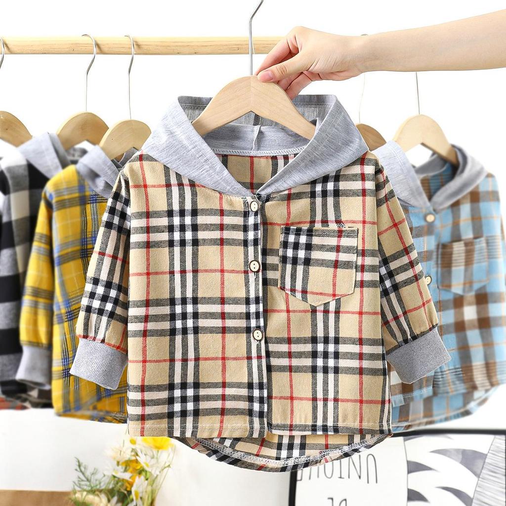 Plaid Hooded Kids Shirt Young Children’s Long Sleeve Blouse Boy Girl Casual Outerwear