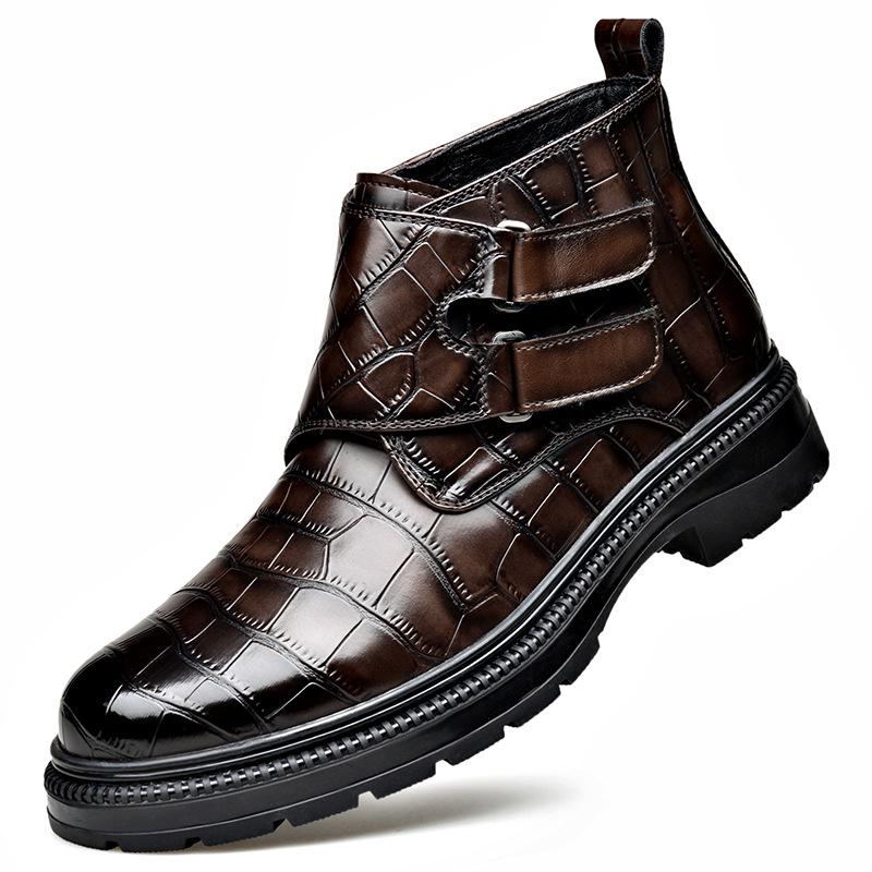 Men's Autumn/Winter Chelsea Leather Boots with Embossed Pattern, Buckle, Plus Velvet Warmth, and Velcro. Short Martin-Style.