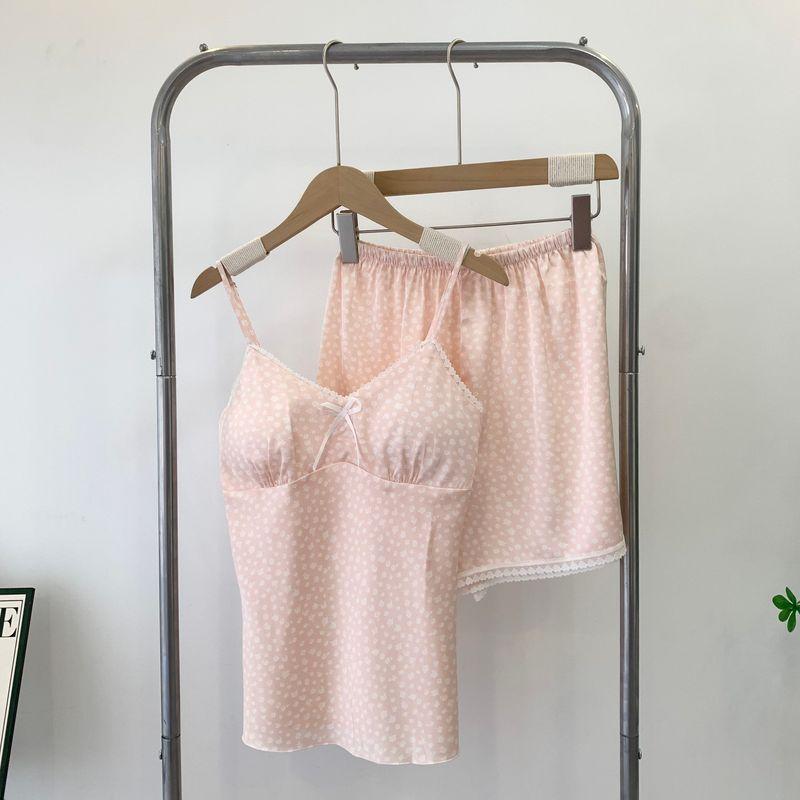 

Summer Floral Suspender Shorts Summer New Arrival Lace Lace Homewear with Chest Pad Fashion Tape Pajamas Suit Pink M