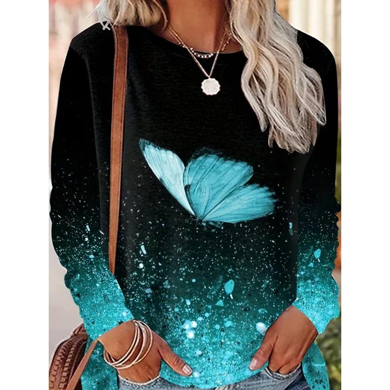 Women's 3D Butterfly Print T-shirt Fashion Long Sleeve Round Neck Regular Tops Holiday Weekend Spring and Autumn