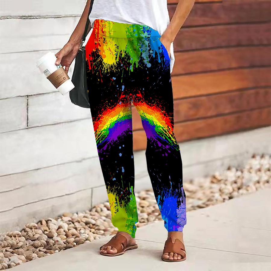 Women Multicolored Printing Pants Lace Up Elastic Waist Loose  Trousers Casual Long Pants Trousers with Pockets