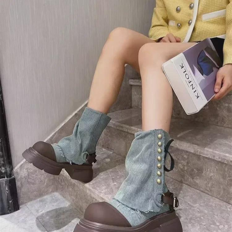 Bottes de cowboy à plateforme pour femme, automne/hiver 2024, style tête de poupée coréenne, bottes cigarette courtes
