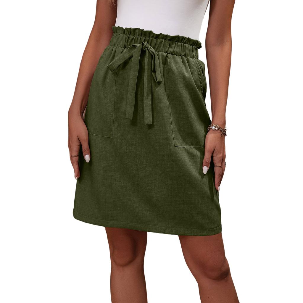 Women's High Waist Paperbag Skirt with Adjustable Tie Belt and Front Pockets Casual A Line Knee Length Skirt