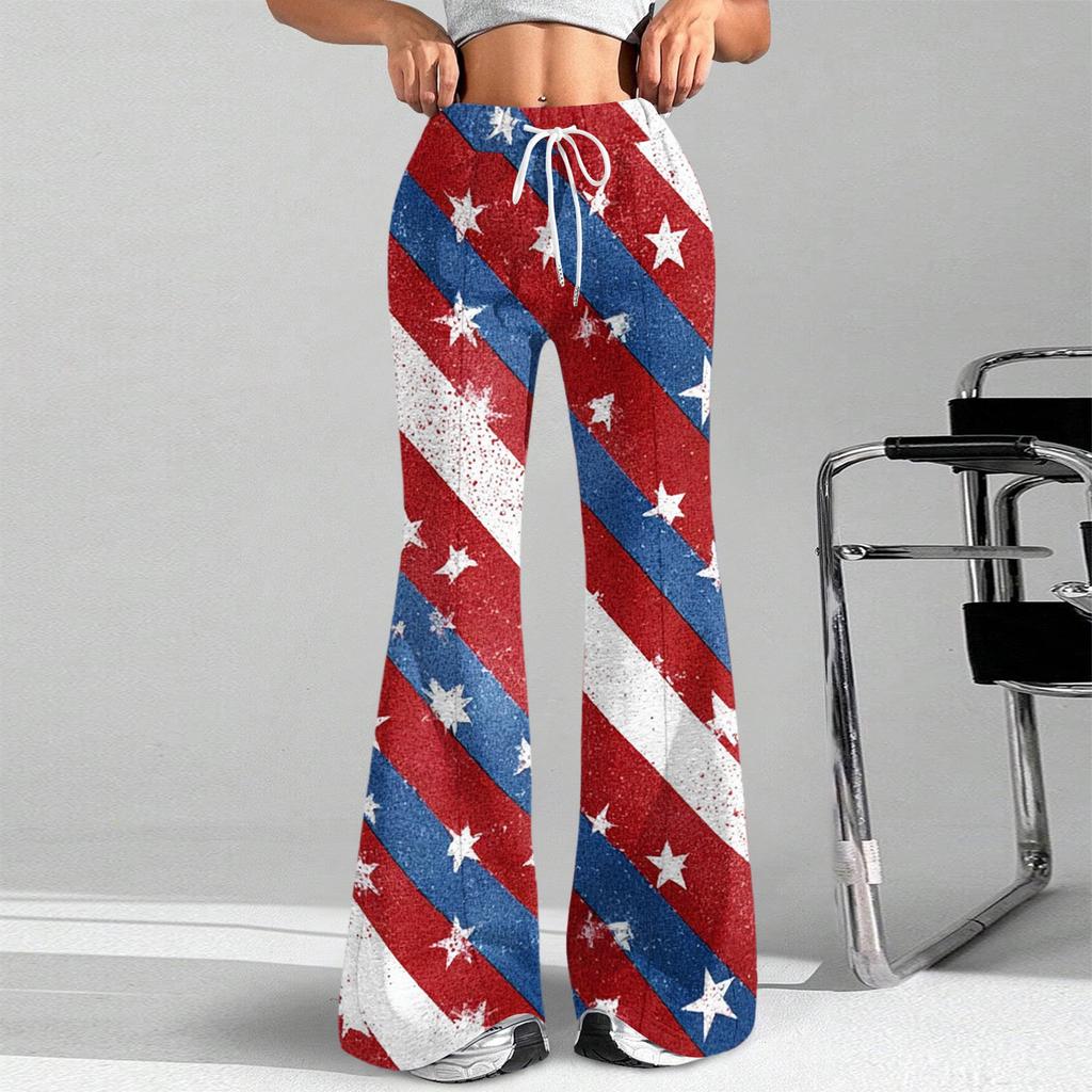 Women's Fashion Loose Drawstring Tight Waist Independence Day Printed Casual Sports Pants Casual Flared Pants