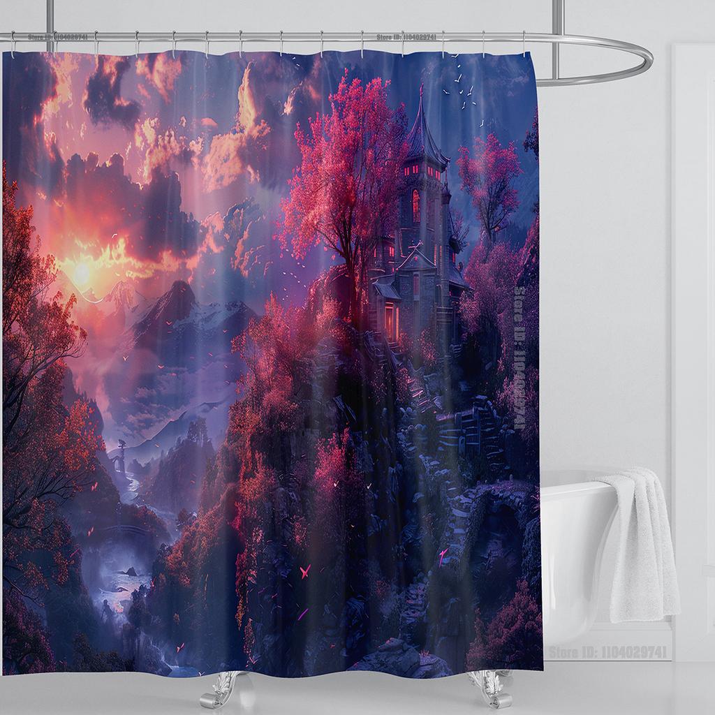 Illustration Japanese Chinese Style Art Print Polyester Washable Waterproof Shower Curtain Bathroom Decoration Bathtub With Hook