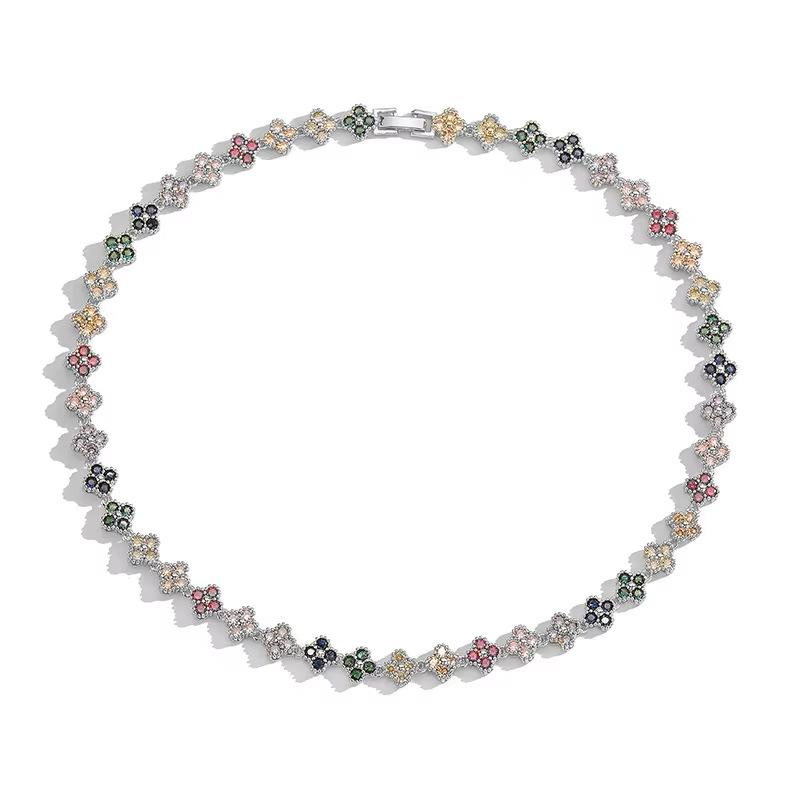 Fashion Design Luxury Jewelry 18K Gold Colorful Zircon Four Leaf Clover Bracelet Necklace Jewelry Luxury Four Leaf Clover Set